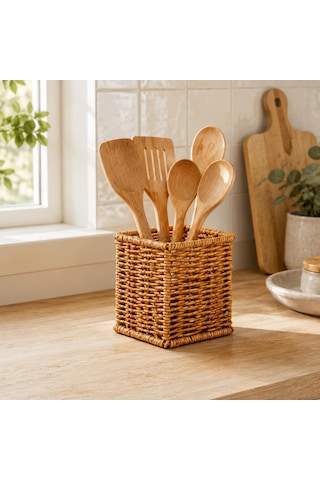 Rattan Dikdörtgen Kaşıklık 10 X 10 X 12 Cm Hasır Çatal Kaşık Organizeri Mutfak Tezgah Üstü Düzenleyici Çok Renkli