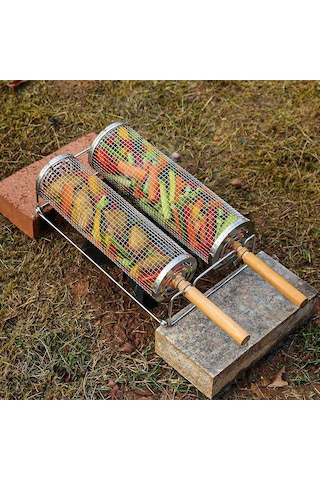 Yükseltme Flip-top Kapaklı Barbekü Kafesi Paslanmaz Çelik Tekerlekli Izgara Sepeti Ahşap Saplı Küçük Çok Renkli