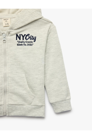 Koton Nakış Detaylı Uzun Kollu Kapşonlu Fermuarlı Oversize Sweatshirt Gri Melanj 7wmb10056tk