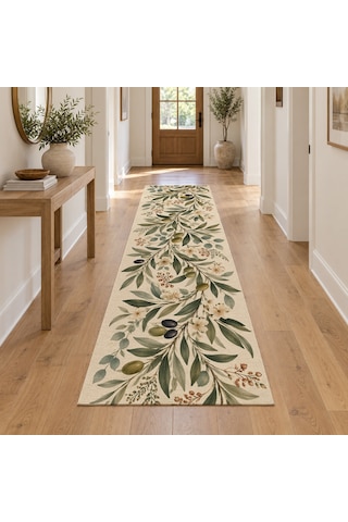 Kartela Halı Zeytin Bahçesi Zeytin Krem Koridor Mutfak Yolluk Halısı Kaymaz Taban 80x240 Cm