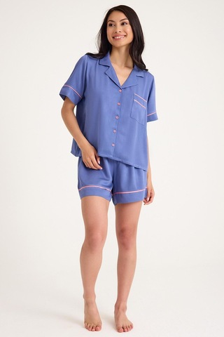 Dream Gri Mavi Viskon Kısa Kollu Şortlu Önden Düğmeli Pijama Takım Mavi