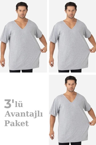 Astrid T Özel Üretim Casual Stil 3'lü Paket Gri Erkek V Yaka Kısa Kollu Büyük Beden Tişört Gri-3