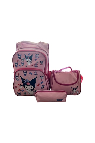 Kuromi Desenli Pudra Renk Üçlü Kız Çocuk İlkokul Okul Çantası + Termal Beslenme Çantası + Kalemlik Pudra Pembe