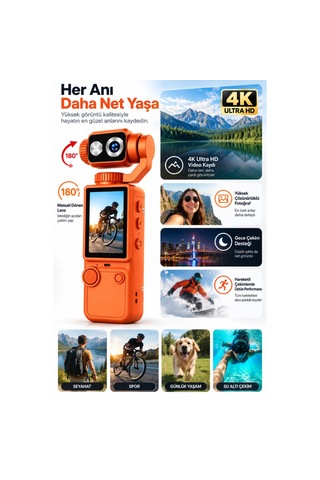 4k Ultra Hd Dijital Kamera 180 Dönen Lens Taşınabilir Video Fotoğraf Kamera 32gb Hafıza Kartı Hediyedir