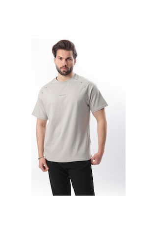 Madmext Boyalı Gri Baskılı Nakış Detaylı Erkek T-shirt E7108 Boyalı Gri