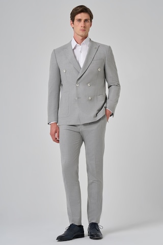Morven Erkek Gri Poliviskon Trend Çizgili Slim Fit Sivri Yaka Kruvaze Takım Elbise 26ms001007100 Gri