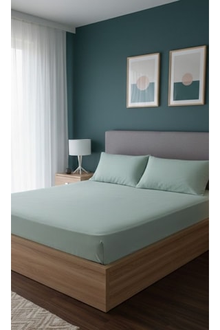 Ranforce Çift Kişilik Lastikli Çarşaf Seti Yastık Kılıflı 180 X 200+30 Acık Yeşil