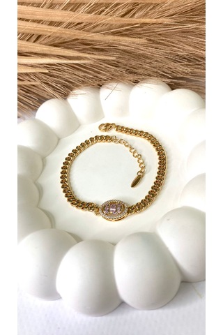 Altın / Gold Renk Oval Halka Zirkon Taşlı Xupıng Bileklik Gold