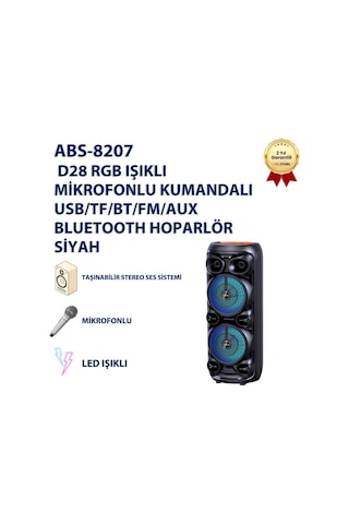 Abs-8207 D28 Rgb Işıklı Mikrofonlu Kumandalı Usb/tf/bt/fm/aux Bluetooth Hoparlör Siyah-1555