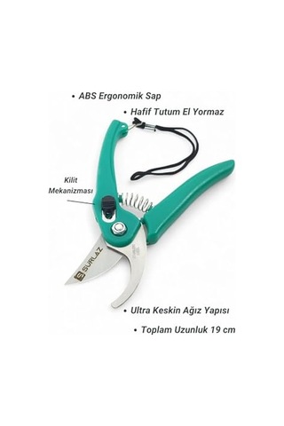 Sürlaz Profesyonel Budama Makası, Ergonomik Kaymaz Saplı, Yeşil, Bahçe Bitki Ve Dal Kesimi İçin