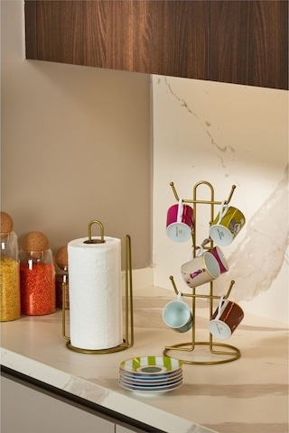 Edora Home 2'li Gold Mutfak Organizer Seti, Ayraçlı Kağıt Havluluk Ve 6 Kancalı Bardaklık - Metal Paslanmaz