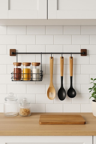 2 Parça Metal Askılı Mutfak Organizeri & Mutfak Rafı & Sepet Siyah