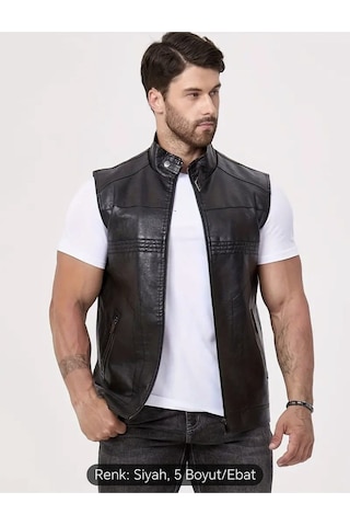 Uzun Hakim Yaka Regular Fit Hakiki Deri Yelek Siyah