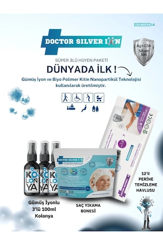 Doctor Silver Ion Gümüş İyonlu Kolonya 3 x 100 ML + Saç Yıkama Bonesi + Perine Islak Mendili 12'li Doctor Silver Ion Gümüş İyonlu Kolonya 3 x 100 ML + Saç Yıkama Bonesi + Perine Islak Mendili 12'li