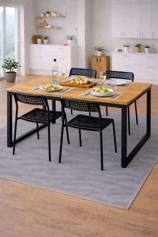 5'li Mutfak Masa Takımı, 4 Sandalye Ve 1 Masa, Yemek Odası, Bahçe Takımı, 4 Kişilik, Metal Ayaklı Masa: Çam/siyah- Sandalye: Siyah