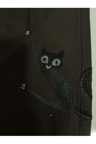 Trieste Büyük Beden Yüksek Bel Taş İşlemeli Kedi Nakış Detaylı Beli Lastikli Kadın Pantolon Kahverengi