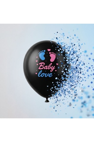 Mavi Konfetili Siyah Latex Cinsiyet Balonu Baby Love Baskılı Çok Renkli