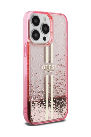 Apple Uyumlu iPhone 14 Pro Max Kılıf Guess Lisanslı Transparan Sıvılı Simli Altın Çizgili Kapak Pembe