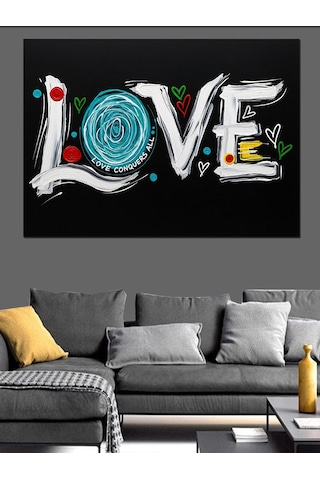 Love Yazısı Kalp Çizim Dekoratif Kanvas - Mdf Ahşap Tablo