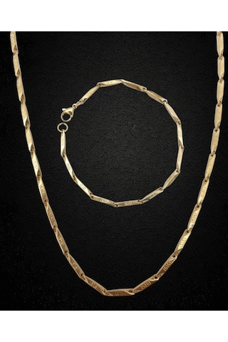 Çelik Takı Seti Bileklik Kolye Titanyum Melon Motifli Model 2 Mm 22-55 Cm Altın Sarısı Gold Altın