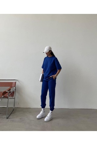 Movement T-shirt Eşofman Altı Jogger- Baskılı Alt Üst Eşofman Takım Oversize Bisiklet Yaka Sax