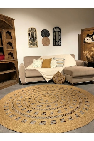 Salyangoz Doğal Hasır Halı Koyu Bambu Yuvarlak Örme Model Kilim Kırcıllı