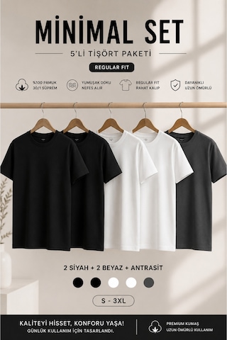 Masion Rae Erkek 5'li Basic Tişört Seti Regular Fit Bisiklet Yaka %100 Pamuk 30/1 Süprem Siyah-siyah-beyaz-beyaz-antrasit