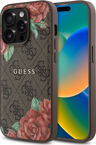 Apple Uyumlu iPhone 14 Pro Kılıf Guess Lisanslı Magsafe Şarj Özellikli Gül Baskılı Yazı Logolu Kapak Kahverengi