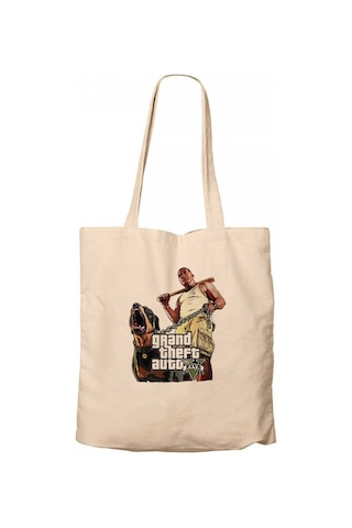 Grand Theft Auto Five Dog And Man Krem Kanvas Bez Çanta