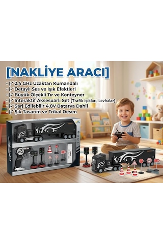 Uzaktan Kumandalı 2.4ghz 1/16 Ölçülü Nakliye Tırı Işıklı, Sesli 7 Trafik Parçalı Oyuncak Araba Seti Çok Renkli