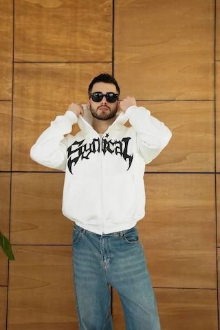 Tarzyeri Erkek Kapüşonlu 3 İplik Şardonlu Önü Baskılı Fermuarlı Oversize Sweatshirt - Beyaz Kırmızı