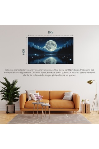 Doğa Ve Manzara Yatay Sakin Bir Gölün Üzerinde Parlayan Dolunay Suda Yansıyan Yıldızlar 01 Çerçevesiz 90x60cm Pvc Tablo