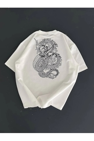 Erkek Baskılı Oversize Bisiklet Yaka Kısa Kol T-shirt - Beyaz Beyaz
