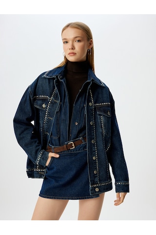 Koton Taşlı Cep Detaylı Klasik Yaka Düğmeli Oversize Kot Ceket Koyu İndigo 5wal50052md Dark Indigo İndigo