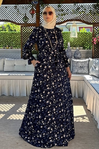 Rabia Şamlı Bihter Mavi Yapraklı Elbise Normal