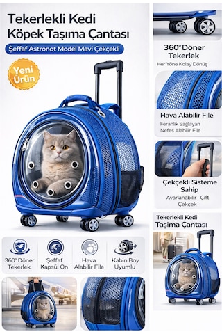 Jumbo Fileli Tekerlekli Kedi Köpek Taşıma Çantası 45 X 50 X 27 Cm Mavi 15 Kg