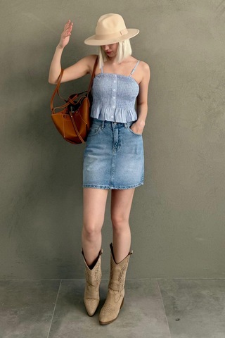 Madmext Bebe Mavisi Ayarlanabilir Askı Pötikareli Crop Mg2371 Bebe Mavisi