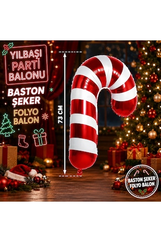Vıp Kalite 73 Cm Kırmızı Beyaz Baston Şeker Folyo Balon Kırmızı Beyaz Baston Şeker Yılbaşı Balonu
