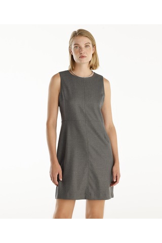 Yargıcı Pensli Bisiklet Yaka Kolsuz Kısa Elbise Gri Çizgili Gri