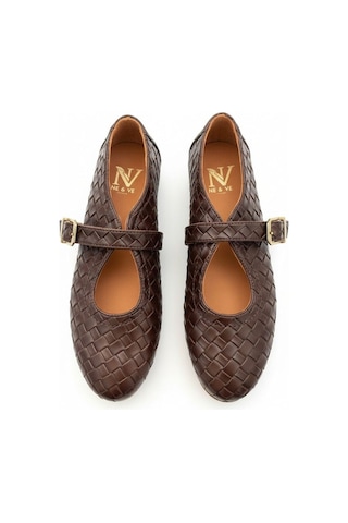 Ne&ve Shoes Kahve Hakiki Deri Örgü Detaylı Tokalı Kaddın Yuvarlak Burun Babet Kahverengi