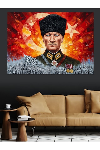 Türk Bayrağı Ve Kalpak Başlıklı Mareşal Mustafa Kemal Atatürk Dekoratif Kanvas - Mdf Ahşap Tablo