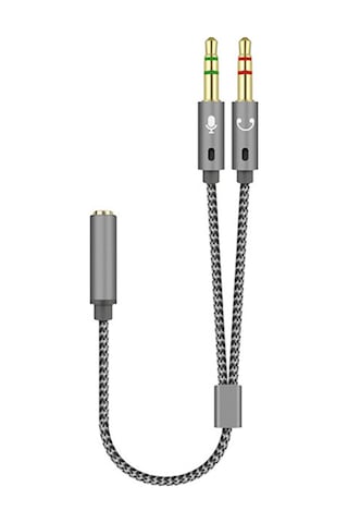 Hombey 25cm Gümüş Nylon Dokuma Ses Kablosu - İki 3.5mm Erkekden Tek 3.5mm Dişeye Çevirici