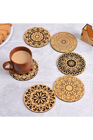 Ahşap Mdf Lazer Kesim Kazıma 6 Lı Kahve Fincan Atlığı, Bardak Altlığı, Sunum Açık Kahverengi
