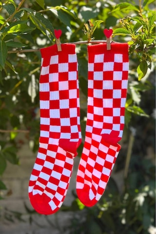 Lousocks Unisex Kırmızı Dama Desenli Renkli Soket Çorap