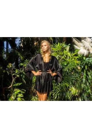 Laperissa Kadın Siyah Parlak Saten Gecelik Ve Sabahlık Takımı Zarif Ve Modern 2 Li Set Siyah