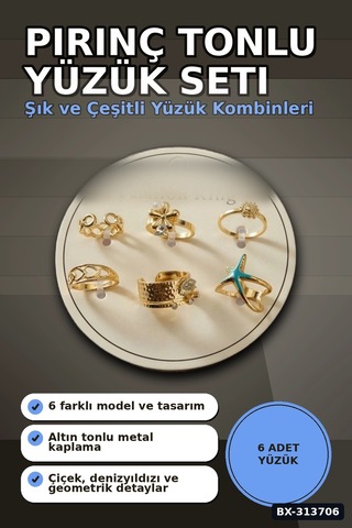 Pirinç 7-8 Numara 6 Adet Tonlu Yüzük Seti - Bijuteri Takı Aksesuar Hediyelik Bx-313706 Çok Renkli