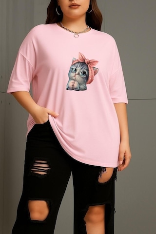 Büyük Beden Minnoş Kedi Baskılı Unisex Tişört Pembe