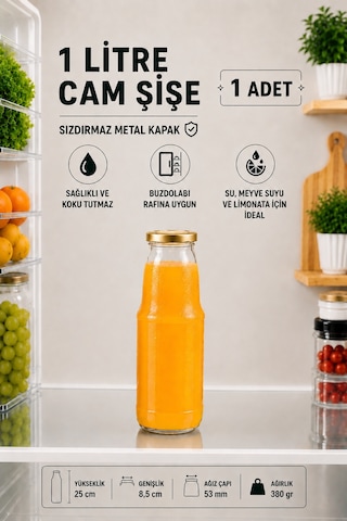 Rotanev 1 Litre Şeffaf Sürahi Süt, Ayran, Su, Limonata, Meşrubat Şişesi Metal Gold Kapaklı Cam Şişe 1000 ml