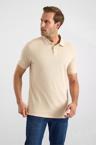 Süvari Bej Slim Düz Nakışlı Pike Düğmeli Polo Yaka Tişört Ts1014000474-bj3