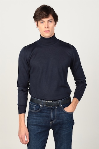 Tudors Slim Fit Dar Kesim Tam Boğazlı Yaka Düz Yün Erkek Kazak-23917 Lacivert